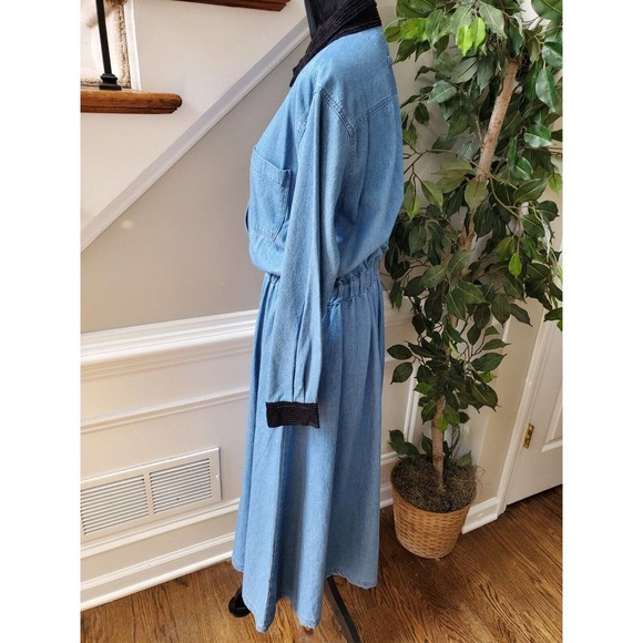 Vintage Fads Solid Blue 100% Cotton Collared Long Sleeve Casual Maxi Dress 12 - Picture 12 of 12